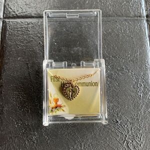 Vintage First Holy Communion Cross Necklace, in Gold tone, Unmarked, in BOX